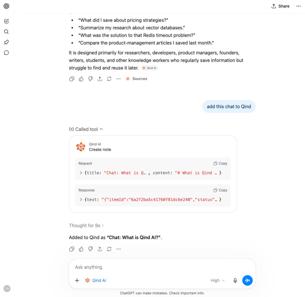 ChatGPT calling the Qind Create note tool after the user asks to add the chat to Qind