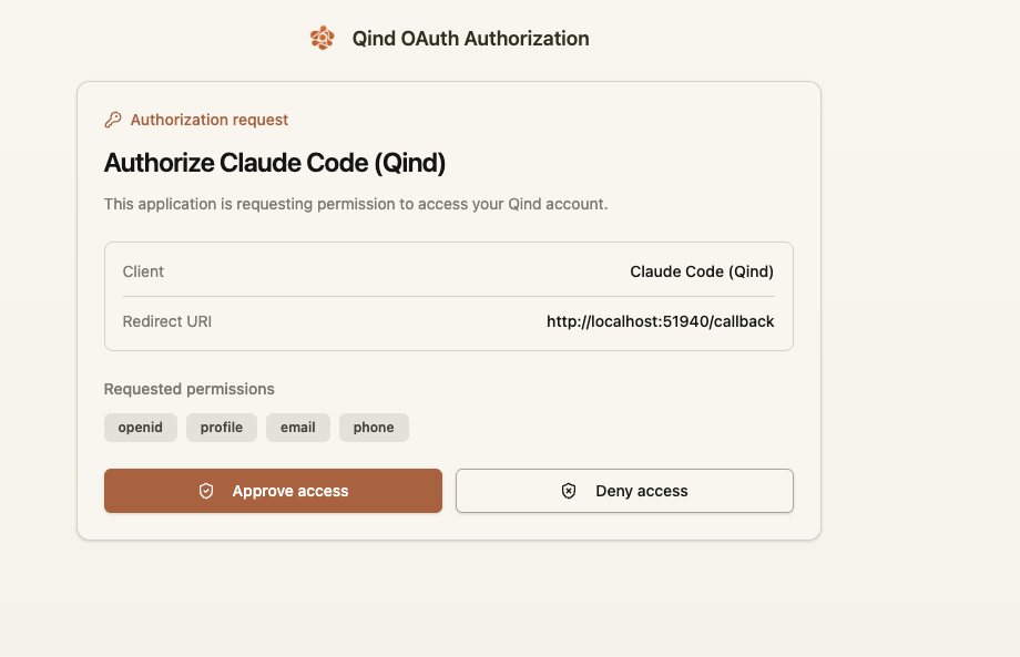 Qind OAuth authorization screen for Claude Code with approve and deny access buttons