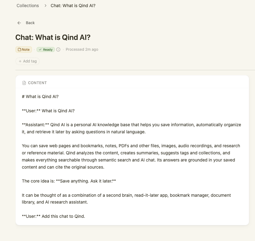 The saved note open in Qind with Ready status