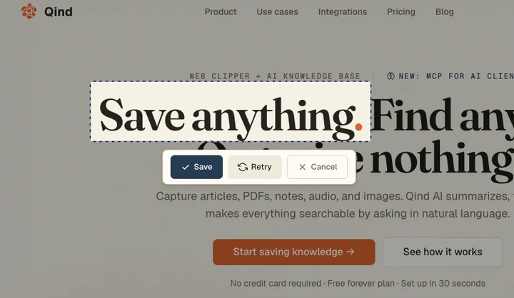 Qind capture area selection over a webpage heading with save, retry, and cancel controls