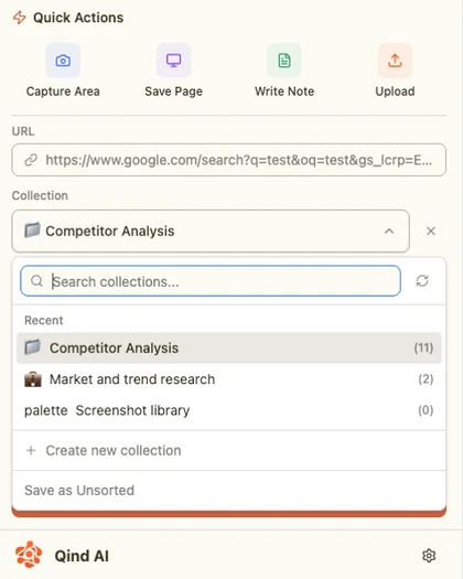 Qind desktop web clipper collection picker with recent collections and unsorted option