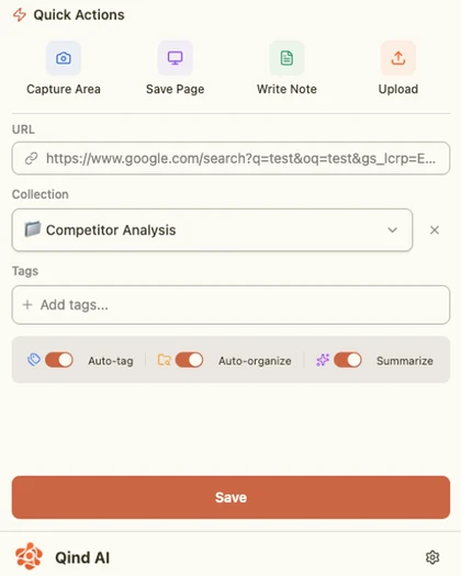 Qind desktop web clipper ready to save a webpage with collection, tags, and AI options