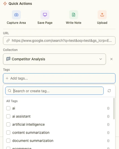 Qind desktop web clipper tag picker showing searchable saved tags