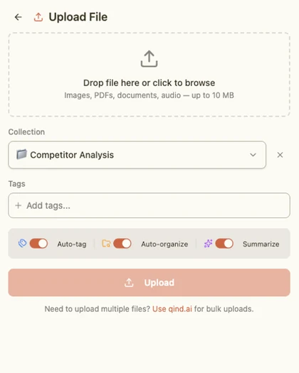 Qind desktop web clipper upload file view with drop zone, collection, tags, and upload button