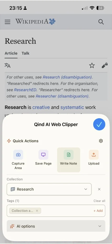 Qind mobile clipper opened over a Wikipedia article with quick actions, collection, tags, and AI options